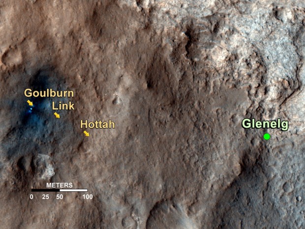 Hottah und Link liegen auf dem Weg zum Punkt Glenelg. (Foto: Nasa/JPL-Caltech/UofA)