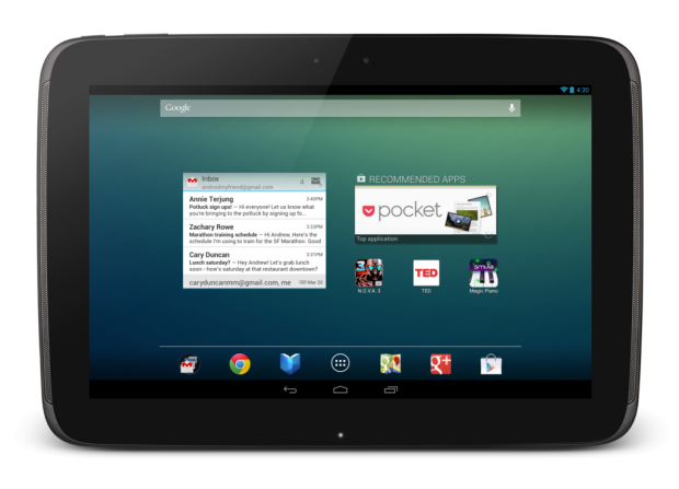 Der Homescreen des Google Nexus 10 (Quelle: Google)
