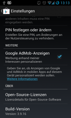 Über Menü-ᐳEinstellungen des Play Stores kann die aktuelle Versionsnummer überprüft werden.