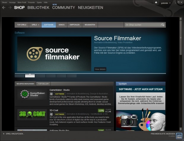 Die Softwarerubrik von Steam