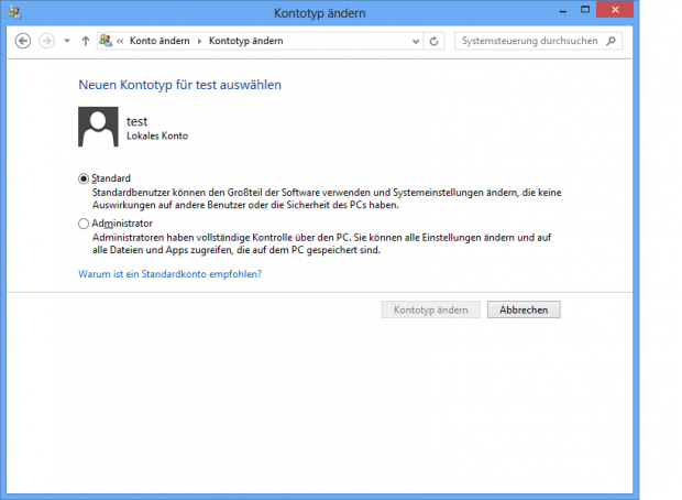 Für sichereres Arbeiten empfiehlt sich ein Nutzer mit Standardrechten.