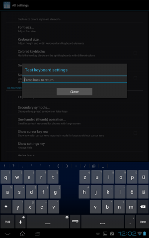 Thumb Keyboard auf einem Android-Tablet mit 10-Zoll-Touchscreen