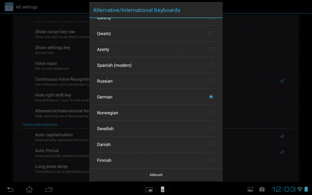 Thumb Keyboard auf einem Android-Tablet mit 10-Zoll-Touchscreen