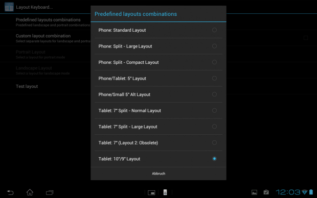 Thumb Keyboard auf einem Android-Tablet mit 10-Zoll-Touchscreen