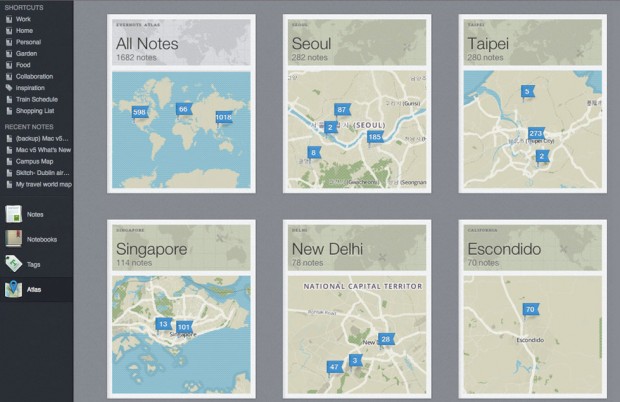 Evernote 5 für Mac - Atlas-Funktion ordnet Notizen geografisch an. (Screenshot: Evernote)