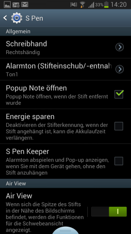 Die Optionen für den integrierten Stift