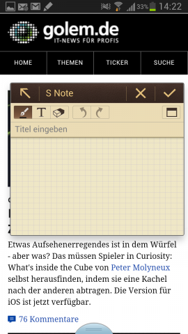 Bei der Entnahme des Stifts erscheint sofort die Anwendung S-Note.