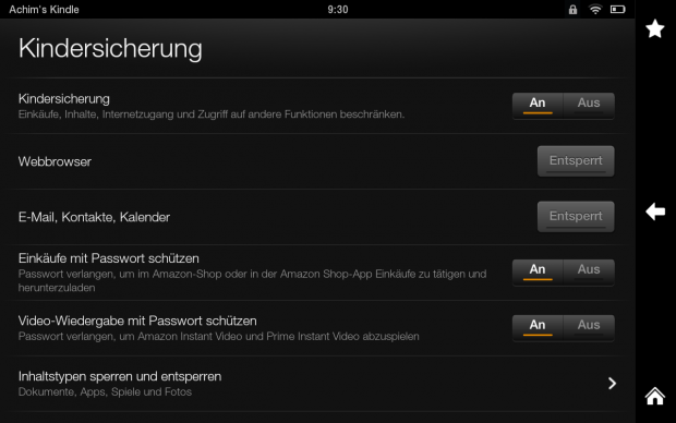 Amazons Android hat zusätzlich eine Kindersicherung, mit der Inhalte und der Zugriff ins Internet gesperrt werden können. (Screenshot: Golem.de)