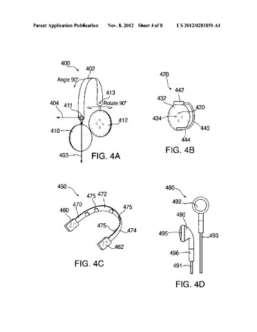 Zeichnungen zum Kopfhörer-Lautsprecherpatentantrag  US20120281850 (Bild: US-Patent- und Markenamt)