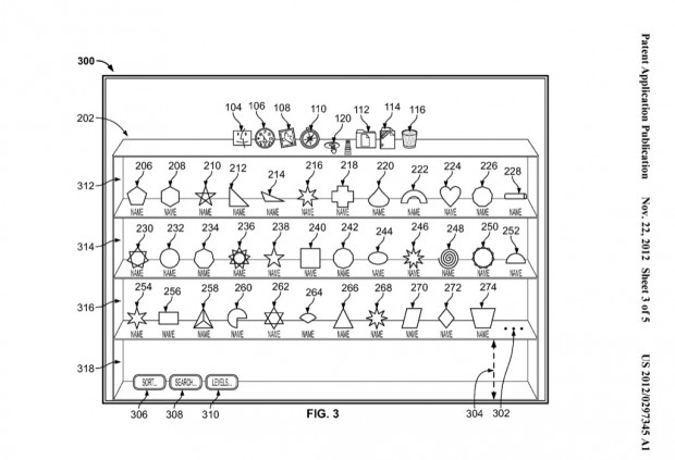 Apples Patentantrag 20120297345 zu einem mehrzeiligen Dock (Bild: US-Patent- und Markenamt)