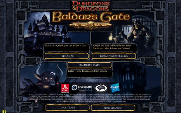 Im Hauptmenü kann der Spieler auch das Tutorial und die Herausforderung "Die Schwarzen Gruben" auswählen.