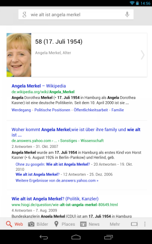 Fragt man nach dem Update beispielsweise nach dem Alter von Angela Merkel, wird oberhalb der Suchergebnisse eine Karte mit der gesuchten Information angezeigt. (Screenshot: Golem.de)