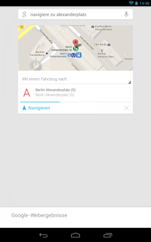 Seit dem Update kann über Google Now auch die Navigations-App von Google gesteuert werden. In einer Karte wird das Ziel angezeigt. (Screenshot: Golem.de)