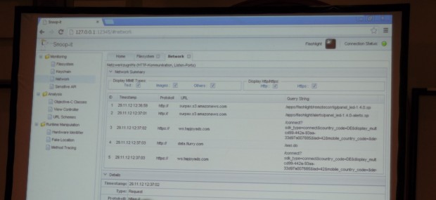 Snoop-It-Demo anhand einer Anwendung, die eine Taschenlampe bereitstellt