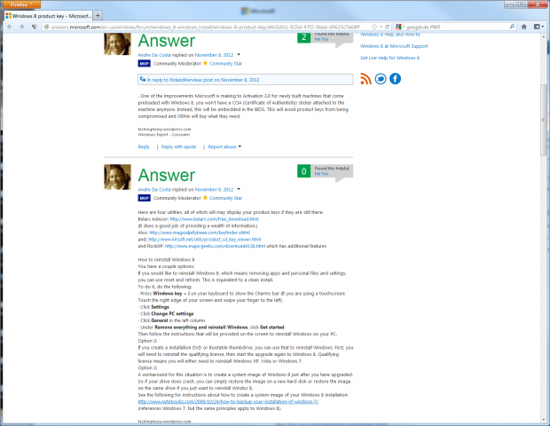 Microsoft gibt Tipps zum Auslesen der Product Keys und für eine Neuinstallation. (Screenshot: Golem.de)