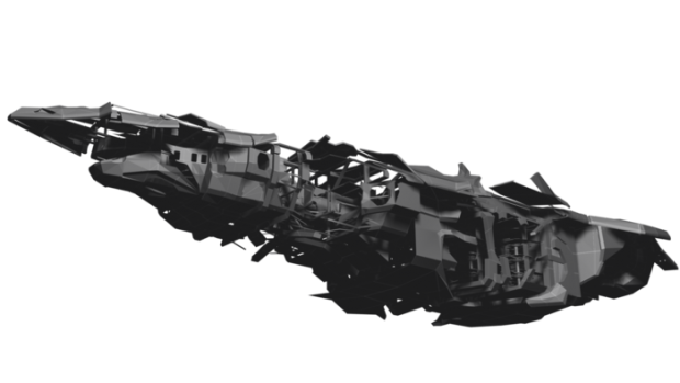 Elite: Dangerous - Renderbild eines schwer zerstörten Raumschiffs zeigt ein feines Schadensmodell  (Bild: Frontier Developments)