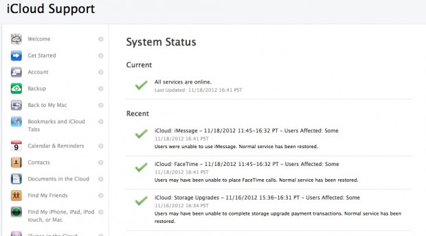Ausfall von iMessages und Facetime am 18. November 2012 (Bild: Apple)