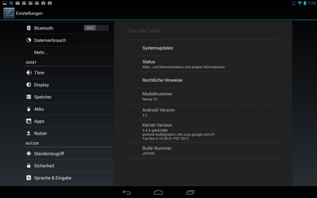 Das Nexus 10 läuft mit Android 4.2 alias Jelly Bean. (Screenshot: Golem.de)