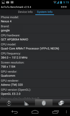 In dem Nexus 4 läuft ein Snapdragon S4 Pro mit vier Krait-Kernen. (Screenshot: Golem.de)