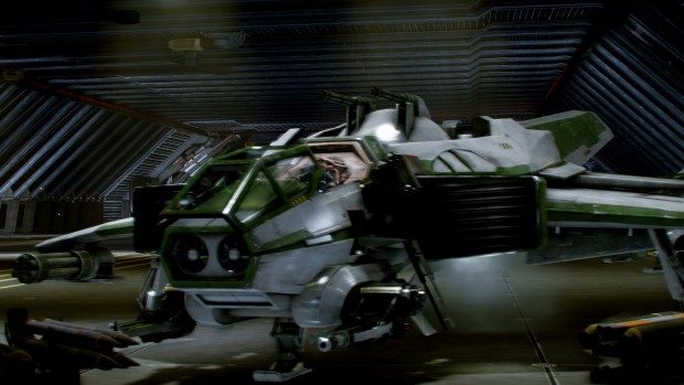 Szene aus dem Star-Citizen-Prototyp: eine Hornet beim Start (Bild: Cloud Imperium Games)