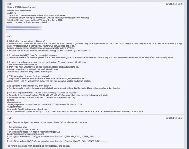 Screenshot der ersten beiden Forumsbeiträge auf My Digital Life zum Windows 8 Sideloading Crack (Screenshot: Golem.de)