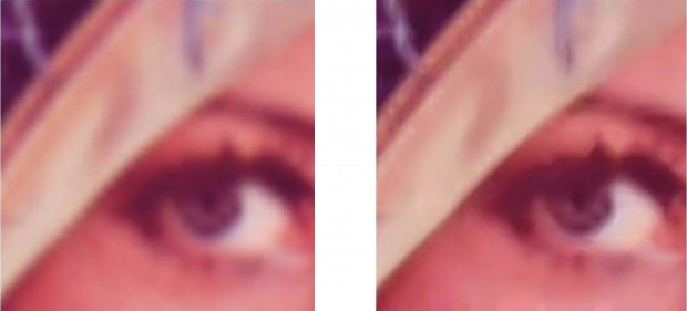 Links ein 8fach vergrößertes Digitalbild und rechts die vektorisierte Form des Bildes