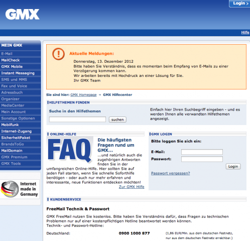 GMX hat E-Mail-Probleme. (Screenshot: Golem.de)