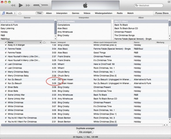 Apples Duplikatefinder in iTunes 11 findet Pseudo-Doubletten (Screenshot: Golem.de)
