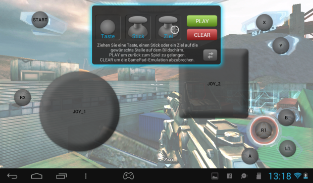 Archos hat für viele Spiele die Steuerung bereits vorkonfiguriert. Mit Drag-and-Drop-Elementen wird den analogen Steuerungselementen einfach die virtuelle Steuerung zugewiesen. (Screenshot: Golem.de)