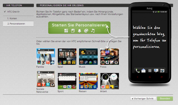 Über HTCs Internetseite kann das Smartphone eingerichtet werden. (Screenshot: Golem.de)