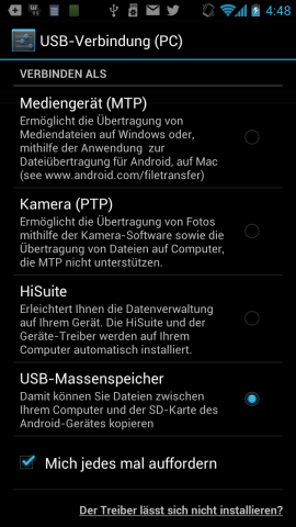 Der Anschluss als USB-Massenspeicher klappt nicht mit Windows 7 oder Ubuntu 12.04. (Bild: Golem.de)