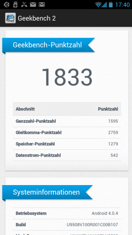 Im Benchmark mit Geekbench liegt das Ascend G615 weit vorne. (Bild: Golem.de)