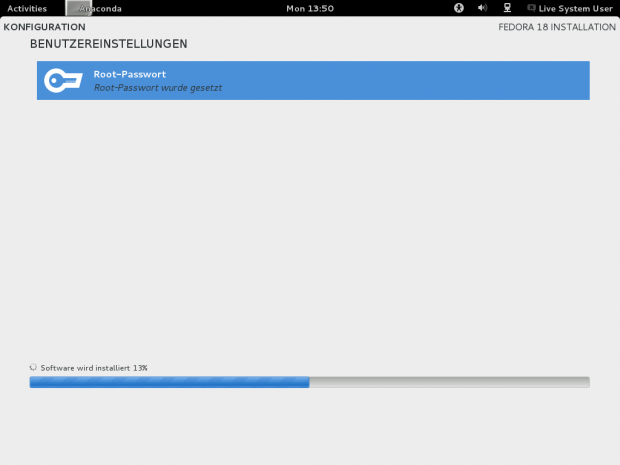 Während der Installation muss das Root-Passwort festgelegt werden.
