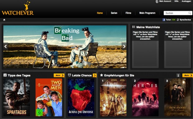Watchever - Startseite für angemeldete Nutzer (Screenshot: Golem.de)