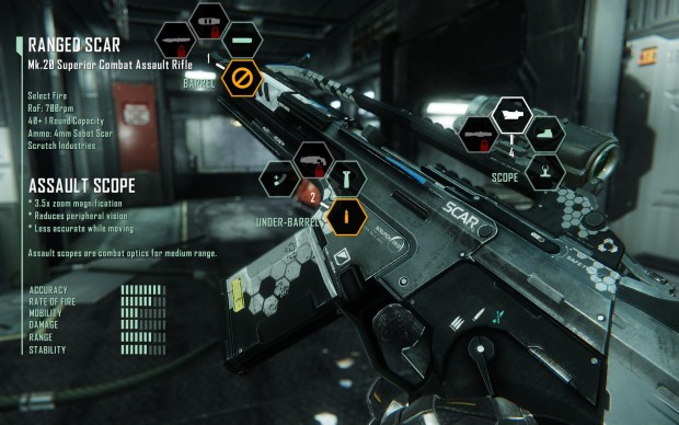 Die Effektivität von Waffen kann durch Zusatzmodule im Menü gesteigert werden.