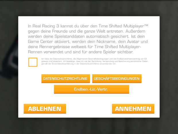 Ein paar Augenblicke nach dem Spielstartet gibt es ausführliche rechtliche Hinweise.