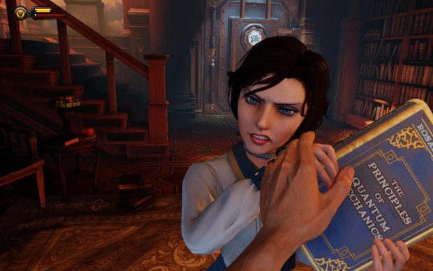 Wir überraschen Elizabeth, wie sie gerade in einem Buch über Quantenmechanik liest.