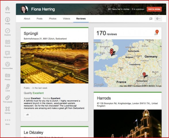 Google+-Profile enthalten jetzt einen Tab f&uuml;r Bewertungen. (Local Reviews). (Bild: Sara McKinley/Google)