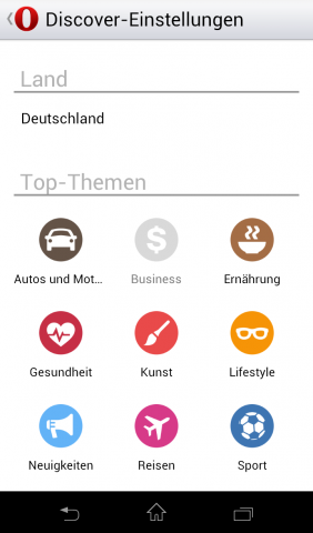 Opera Mobile Beta für Android mit Webkit-Engine - Einstellungen für Discover-Bereich (Screenshot: Golem.de)