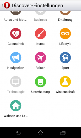 Opera Mobile Beta für Android mit Webkit-Engine - Einstellungen für Discover-Bereich (Screenshot: Golem.de)