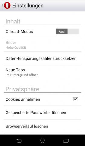 Opera Mobile Beta für Android mit Webkit-Engine - Einstellungen (Screenshot: Golem.de)