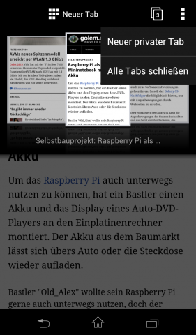 Opera Mobile Beta für Android mit Webkit-Engine - in der Tab-Übersicht können private Tabs geöffnet werden. (Screenshot: Golem.de)