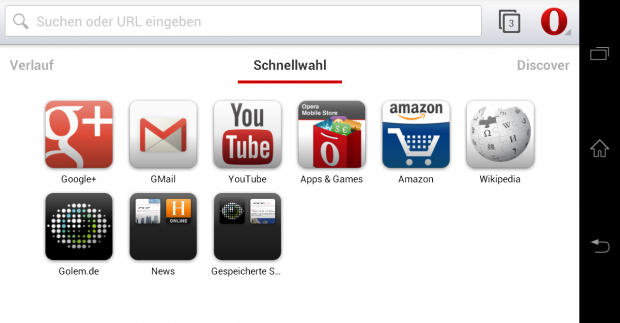 Opera Mobile Beta für Android mit Webkit-Engine - Schnellwahlseite im Querformat (Screenshot: Golem.de)