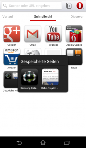 Opera Mobile Beta für Android mit Webkit-Engine - Schnellwahlseite mit geöffnetem Ordner "Gespeicherte Seiten" (Screenshot: Golem.de)