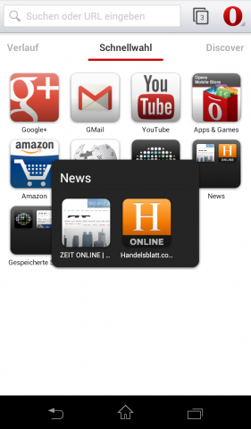 Opera Mobile Beta für Android mit Webkit-Engine - Schnellwahlseite mit selbst angelegtem geöffneten Ordner (Screenshot: Golem.de)
