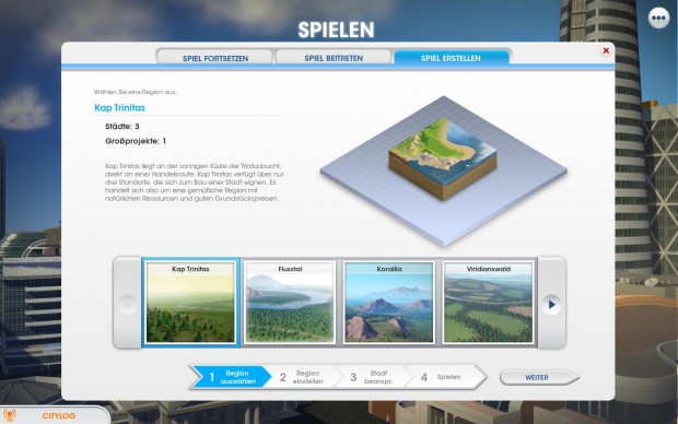 Beim Start einer eigenen Stadt wählen wir den Baugrund aus,...