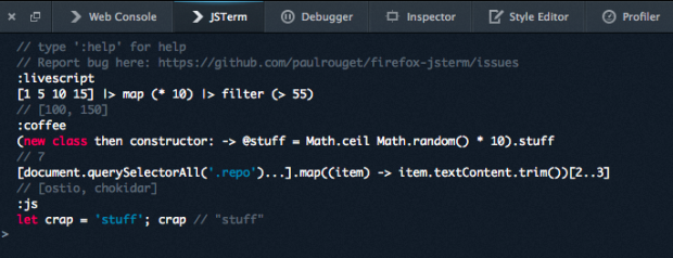Firefox Terminal unterstützt Coffescript und Livescript