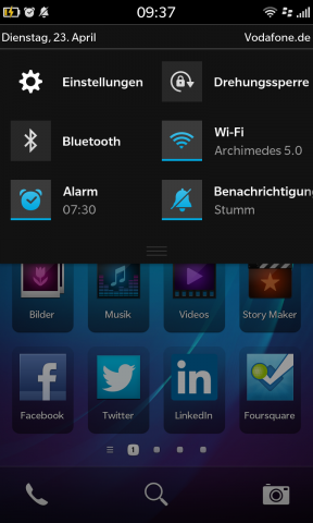 Die Schnelleinstellungsleiste von Blackberry 10 (Screenshot: Golem.de)