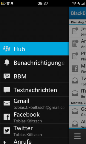 Über den Blackberry Hub sieht der Nutzer alle Benachrichtigungen an einem zentralen Ort. (Screenshot: Golem.de)