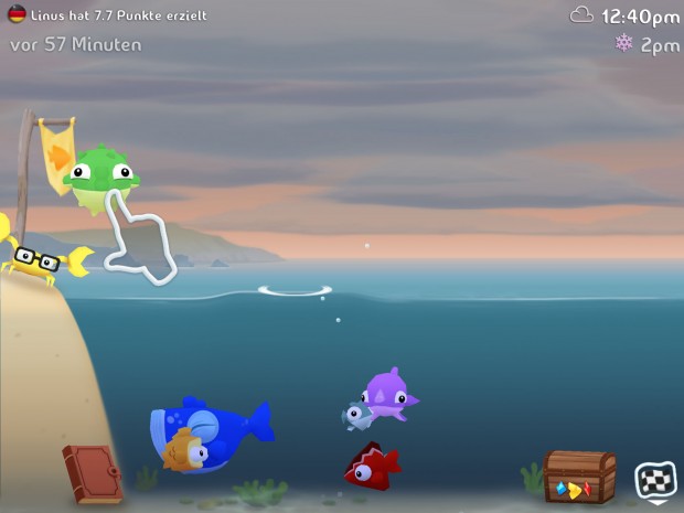 Mit einem Wisch werfen wir die Fische in Richtung Ozean.